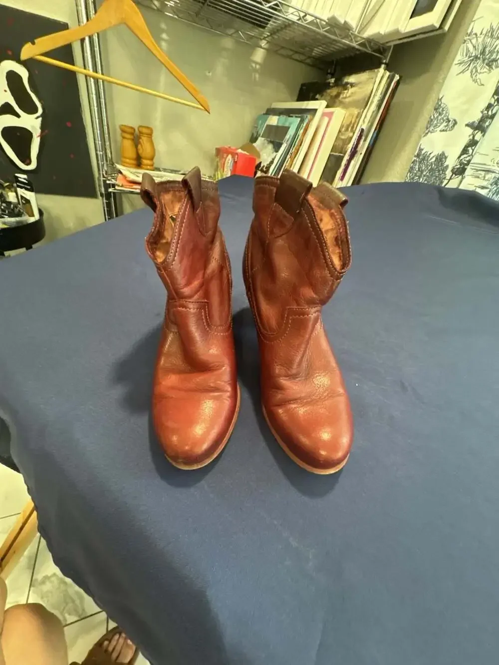 Felmini Deep Cognac  Leather Western Ankle Boots with Striped Lining